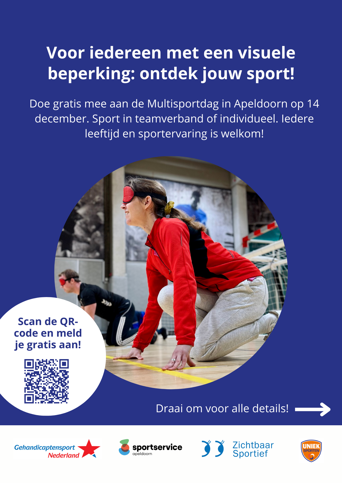 Flyer van de multisportdag. De informatie op de flyer komt overeen met de tekst op deze pagina. Er staat een afbeelding op van een vrouw die goalball speelt.