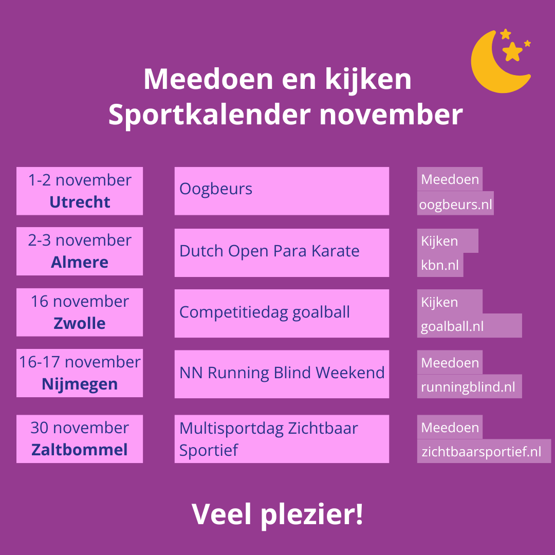 overzicht van de data, activiteiten en locaties op een paarse achtergrond met tekst: meedoen en kijken Sportkalender november.