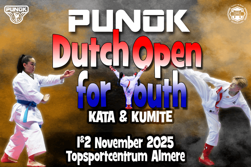 flyer waarop staat Punok Dutch Open for Youth. Op de flyer staan twee karate.